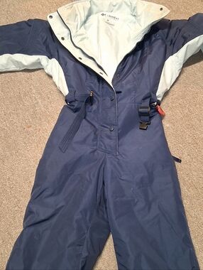 Columbia Navy and Light Blue One-Piece Ski Suit with Adjustable Waist Buckle